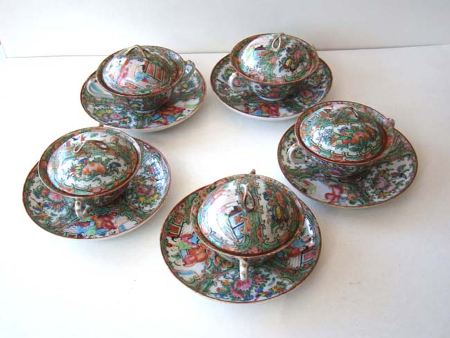 A set of five late 19th century Chinese export porcelain 'pot de creme' in the Rose Medallion pattern